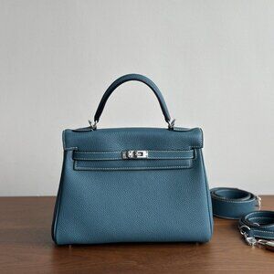 Denim Blue  25cm Leather Touch Bag w/ Silver HW Lock Key Satchel